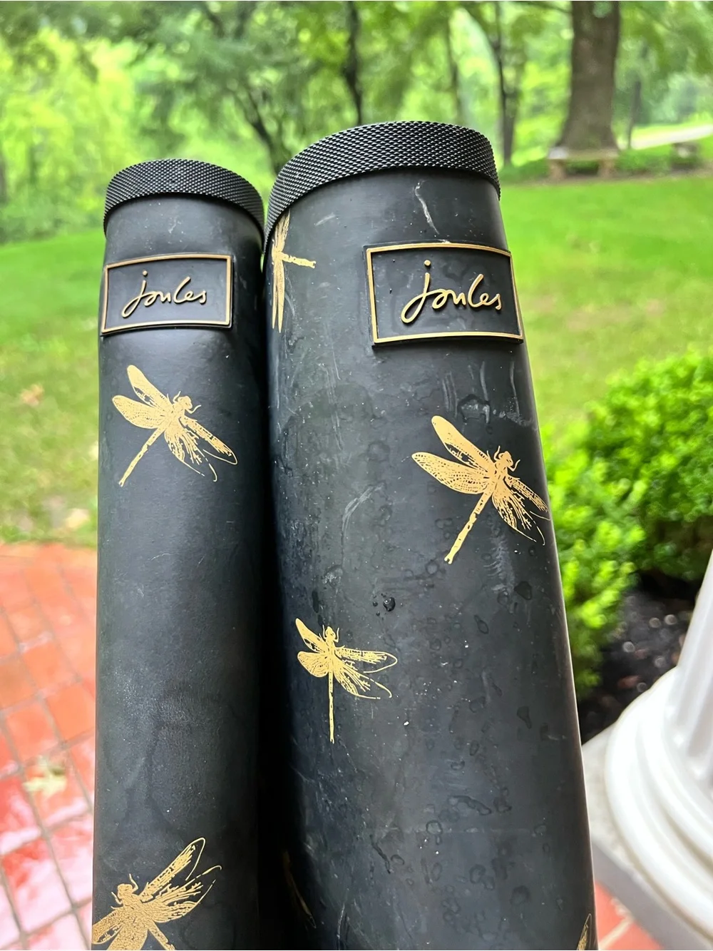 Joules Women’s Welly Black Rain boots with Gold Dragonflies size 9